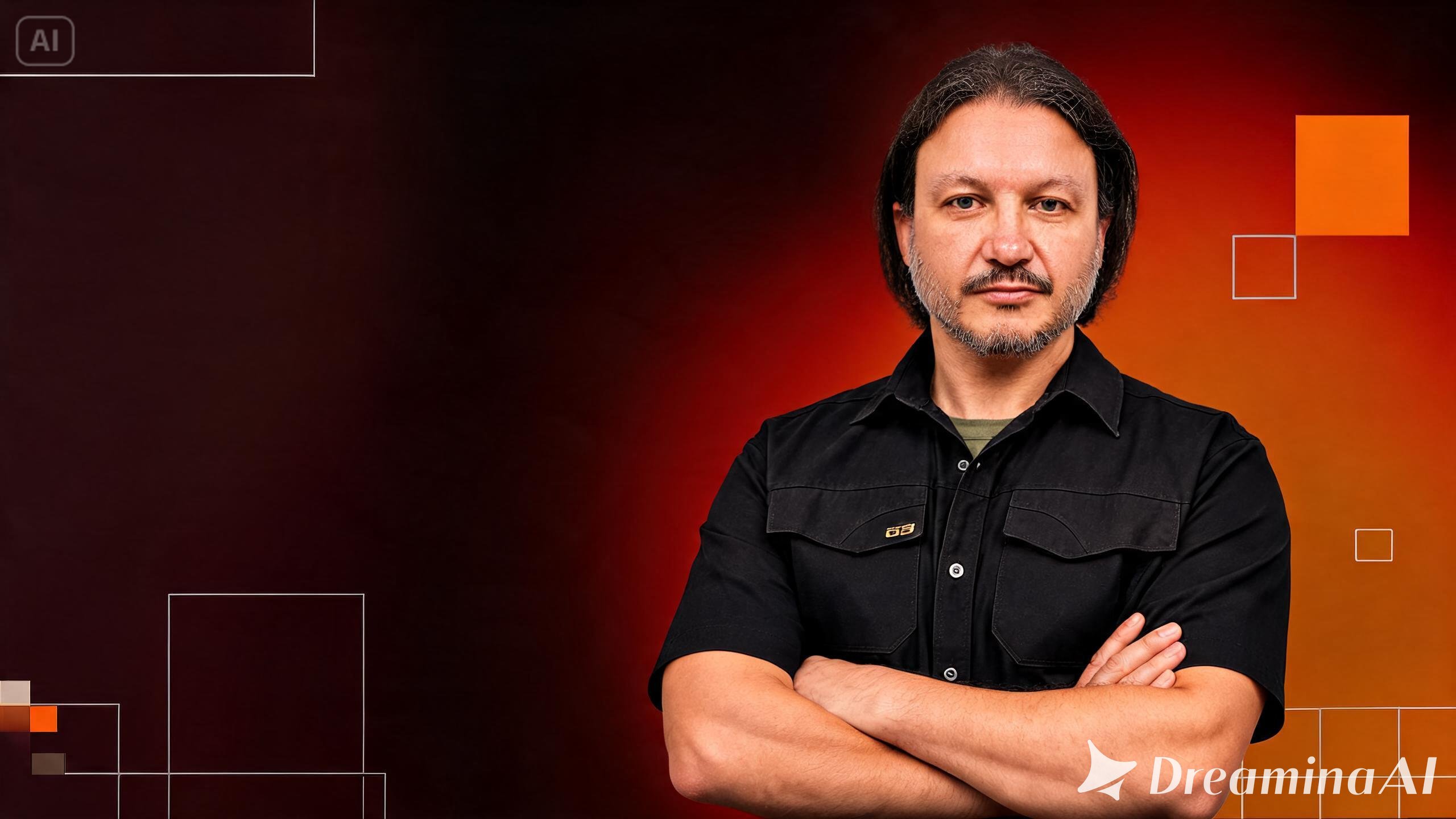 Ulisses Moreira, Web Designer, de bra\u00e7os cruzados sobre fundo em gradiente vermelho e laranja